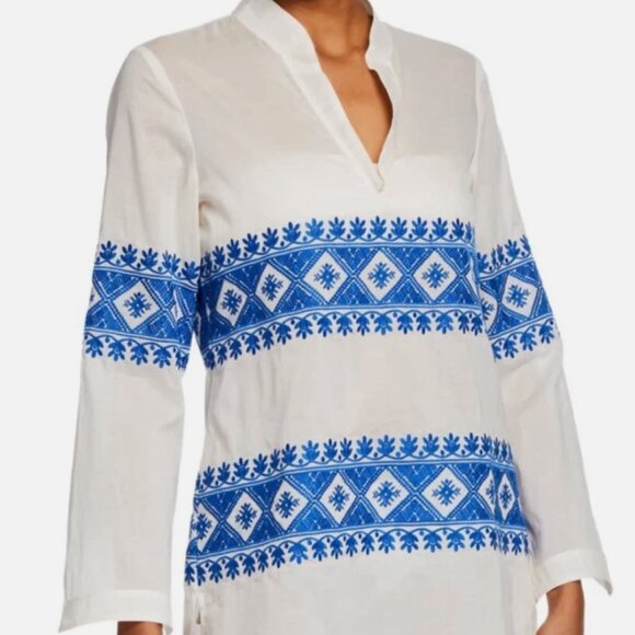 Tory Burch Stephanie Embroidered Coverup Tunic Top Ivory blue L - Picture 2 of 14